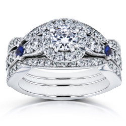 White Gold 1 1/3ct TCW Moissanite with Sapphire and Diamond Antique 3 Ring Bridal Set - Handcrafted By Name My Rings™