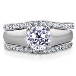 White Gold 1 1/3ct TDW Bridal Set Round Diamond Solitaire with Double Diamond - Handcrafted By Name My Rings™