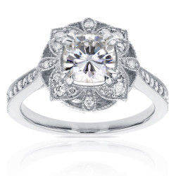 White Gold 1 1/3ct TGW Cushion Moissanite and Diamond Floral Antique Ring - Handcrafted By Name My Rings™