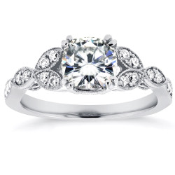 White Gold 1 1/3ct TGW Cushion-cut Moissanite and Diamond Vintage Floral Engagement Ring - Handcrafted By Name My Rings™