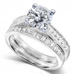 White Gold 1 1/3ct TGW Round Forever One DEF Moissanite and Diamond Antique Bridal Set - Handcrafted By Name My Rings™