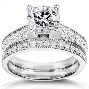 White Gold 1 1/3ct TGW Round Forever One DEF Moissanite and Diamond Antique Bridal Set - Handcrafted By Name My Rings™