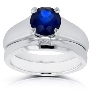 White Gold 1 1/4ct Round Blue Sapphire Solitaire Bridal Set - Handcrafted By Name My Rings™
