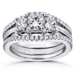 White Gold 1 1/4ct TDW Diamond 3 Stone Princess Bridal Set - Handcrafted By Name My Rings™