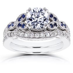 White Gold 1 1/4ct TDW Diamond and Blue Sapphire Vintage Floral Bridal Set - Handcrafted By Name My Rings™