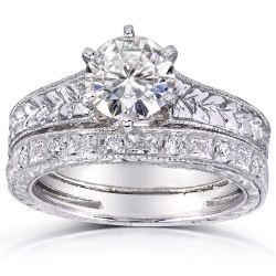 White Gold 1 1/4ct TGW Moissanite and Diamond Textured Vintage Bridal Set - Handcrafted By Name My Rings™
