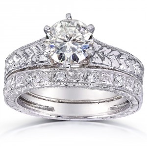 White Gold 1 1/4ct TGW Moissanite and Diamond Textured Vintage Bridal Set - Handcrafted By Name My Rings™