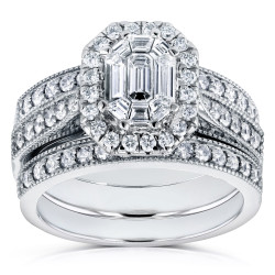 White Gold 1 1/5ct Emerald and Round Diamond Art Deco Cathedral 3 Piece Brida - Handcrafted By Name My Rings™