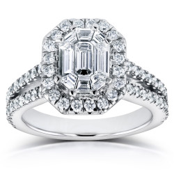 White Gold 1 1/5ct Emerald and Round Diamond Art Deco Halo Engagement Ring - Handcrafted By Name My Rings™