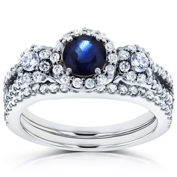 White Gold 1 1/5ct TCW Sapphire and Diamond 2 Piece Bridal Rings Set - Handcrafted By Name My Rings™