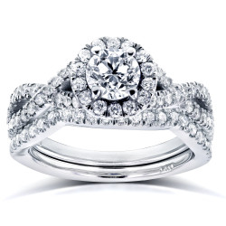 White Gold 1 1/5ct TDW Diamond Crossover Halo Bridal Set - Handcrafted By Name My Rings™