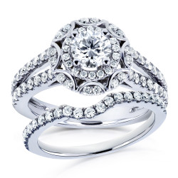 White Gold 1 1/5ct TDW Round Diamond Floral 2-piece Bridal Rings Set - Handcrafted By Name My Rings™