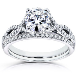 White Gold 1 1/5ct TGW Forever Brilliant Moissanite and Diamond Crossover Bridal Set - Handcrafted By Name My Rings™