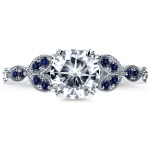 18ct White Gold 1 1/5ct TGW Moissanite and Blue Sapphire, Diamond Accented Vintage Floral Engagement Ring - Handcrafted By Name My Rings™