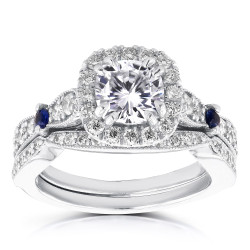 White Gold 1 1/6ct Brilliant Moissanite/ Sapphire/ 3/5ct TDW Diamond Halo Ant - Handcrafted By Name My Rings™