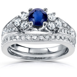 White Gold 1 1/6ct TCW Blue Sapphire and Diamond Vintage Bridal Set - Handcrafted By Name My Rings™