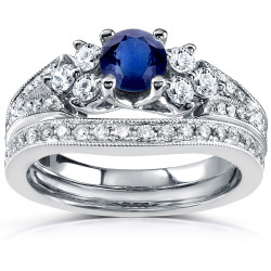 White Gold 1 1/6ct TCW Blue Sapphire and Diamond Vintage Bridal Set - Handcrafted By Name My Rings™