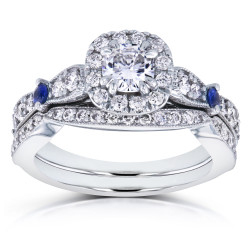 White Gold 1 1/6ct TCW Moissanite with Sapphire and Diamond Antique 2 Ring Bridal Set - Handcrafted By Name My Rings™