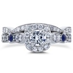 White Gold 1 1/6ct TCW Moissanite with Sapphire and Diamond Antique 2 Ring Bridal Set - Handcrafted By Name My Rings™