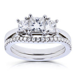 White Gold 1 1/8ct TDW Diamond 3 Stone Princess Bridal Set - Handcrafted By Name My Rings™