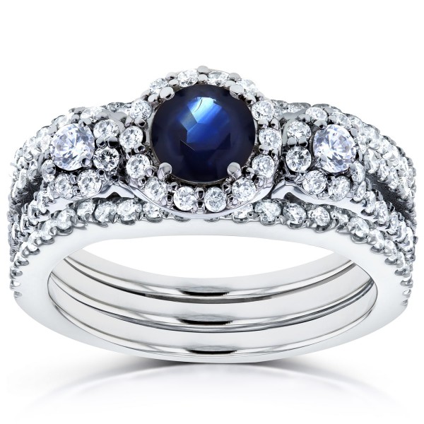 White Gold 1 2/5ct TCW Sapphire and Diamond 3 Piece Bridal Rings Set - Handcrafted By Name My Rings™