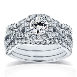 White Gold 1 2/5ct TDW Diamond Crossover Halo 3 Ring Bridal Set - Handcrafted By Name My Rings™