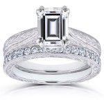 White Gold 1 3/4ct Emerald Moissanite and 1/3ct TDW Diamond Antique Cathedral Bridal Set - Handcrafted By Name My Rings™