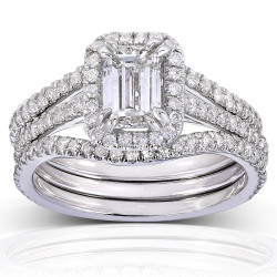 White Gold 1 3/4ct TDW Emerald-cut Halo Diamond 3-piece Bridal Set - Handcrafted By Name My Rings™