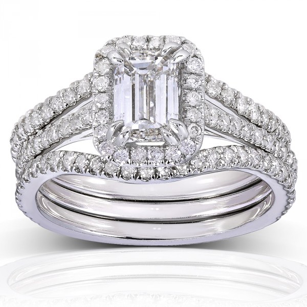 White Gold 1 3/4ct TDW Emerald-cut Halo Diamond 3-piece Bridal Set - Handcrafted By Name My Rings™