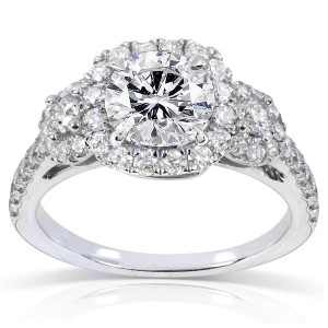 White Gold 1 3/4ct TDW Round Diamond Three Stone Halo Engagement Ring - Handcrafted By Name My Rings™