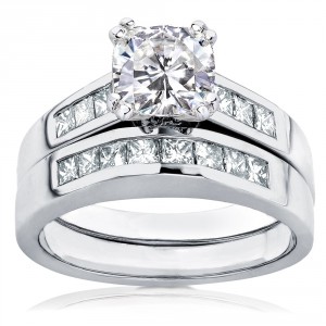 White Gold 1 3/4ct TGW Forever One DEF Cushion Moissanite and Princess Channel Diamond Bridal Set - Handcrafted By Name My Rings™