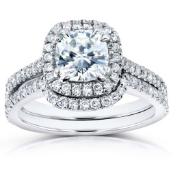 White Gold 1 3/5ct Forever One DEF Cushion Moissanite and Diamond Halo Bridal Set - Handcrafted By Name My Rings™