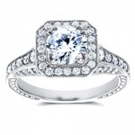 White Gold 1 3/5ct TDW Round Diamond Milgrain Halo Vintage Style Engagement R - Handcrafted By Name My Rings™