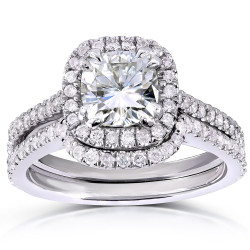 White Gold 1 3/5ct TGW Forever Brilliant Moissanite and Diamond Halo Bridal Ring Set - Handcrafted By Name My Rings™