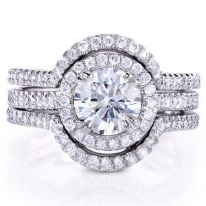 White Gold 1 5/8ct TGW Forever One DEF Moissanite and Diamond Round Halo Fitted Bridal Rings - Handcrafted By Name My Rings™