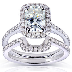 White Gold 1 5/8ct TGW Radiant-cut Forever Brilliant Moissanite and Diamond Halo Bridal Rings Set - Handcrafted By Name My Rings™