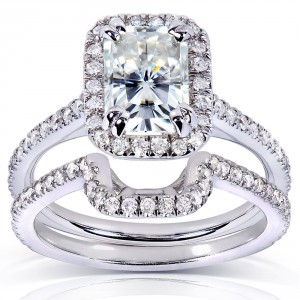 White Gold 1 5/8ct TGW Radiant-cut Forever Brilliant Moissanite and Diamond Halo Bridal Rings Set - Handcrafted By Name My Rings™