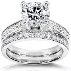 White Gold 1 7/8ct Round Moissanite and 1/3ct TDW Diamond Pave Milgrain Brida - Handcrafted By Name My Rings™