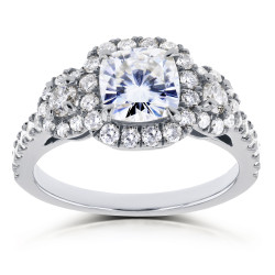 White Gold 1 7/8ct TCW Forever One Near Colorless Moissanite and Diamond 3-stone Halo Ring - Handcrafted By Name My Rings™