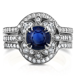 White Gold 1 7/8ct TCW Sapphire and Diamond 3-Piece Floral Antique Bridal Set - Handcrafted By Name My Rings™