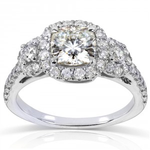 White Gold 1 7/8ct TGW Forever One DEF Cushion Moissanite and Diamond 3-Stone Halo Engagement Ring - Handcrafted By Name My Rings™
