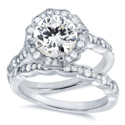 White Gold 1 7/8ct TGW Round-cut Moissanite and Diamond Floral Antique Bridal Rings Set - Handcrafted By Name My Rings™