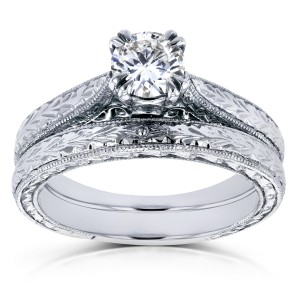 White Gold 1/2ct TDW Round Diamond Vintage Bridal Set - Handcrafted By Name My Rings™