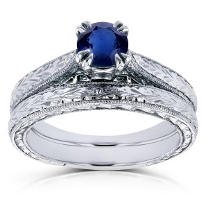 White Gold 1/2ct TGW Round Sapphire and Diamond Accent Vintage Bridal Set - Handcrafted By Name My Rings™