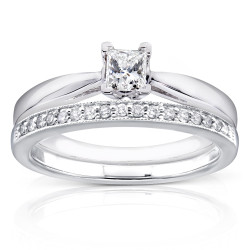 White Gold 1/3ct TDW Princess Solitaire and Pave Band Diamond Bridal Rings Se - Handcrafted By Name My Rings™
