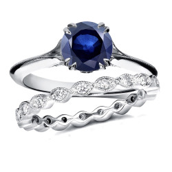 White Gold 1ct Blue Sapphire and 2/5ct TDW Diamond Floral Antique Eternity Ba - Handcrafted By Name My Rings™