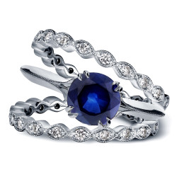 White Gold 1ct Blue Sapphire and 3/4ct TDW Diamond Double Eternity Band Set - Handcrafted By Name My Rings™
