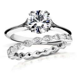 White Gold 1ct Brilliant Moissanite and 2/5ct TDW Diamond Floral Antique Bridal Set - Handcrafted By Name My Rings™