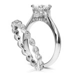 White Gold 1ct Brilliant Moissanite and 2/5ct TDW Diamond Floral Antique Bridal Set - Handcrafted By Name My Rings™