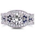 White Gold 1ct Moissanite Blue Sapphire and 1/2ct TDW Diamond Vintage Floral 3-Piece Bri - Handcrafted By Name My Rings™